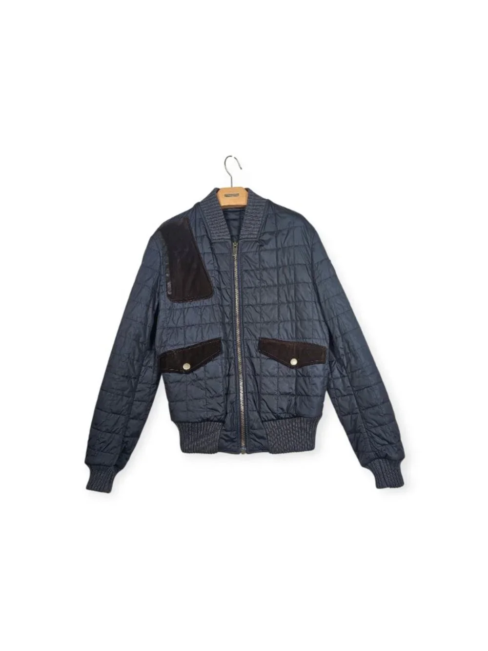 Gucci Mens Quilted Bomber Jacket Navy Blue Brown Suede Trim IT 50 US 40 Italy